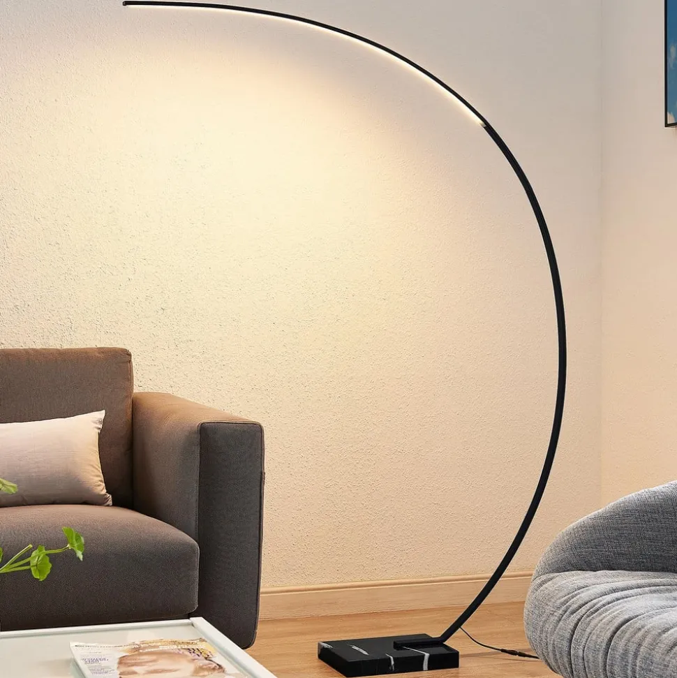 Lindby LED gebogen vloerlamp Kendra, zwart, aluminium, hoogte 180cm