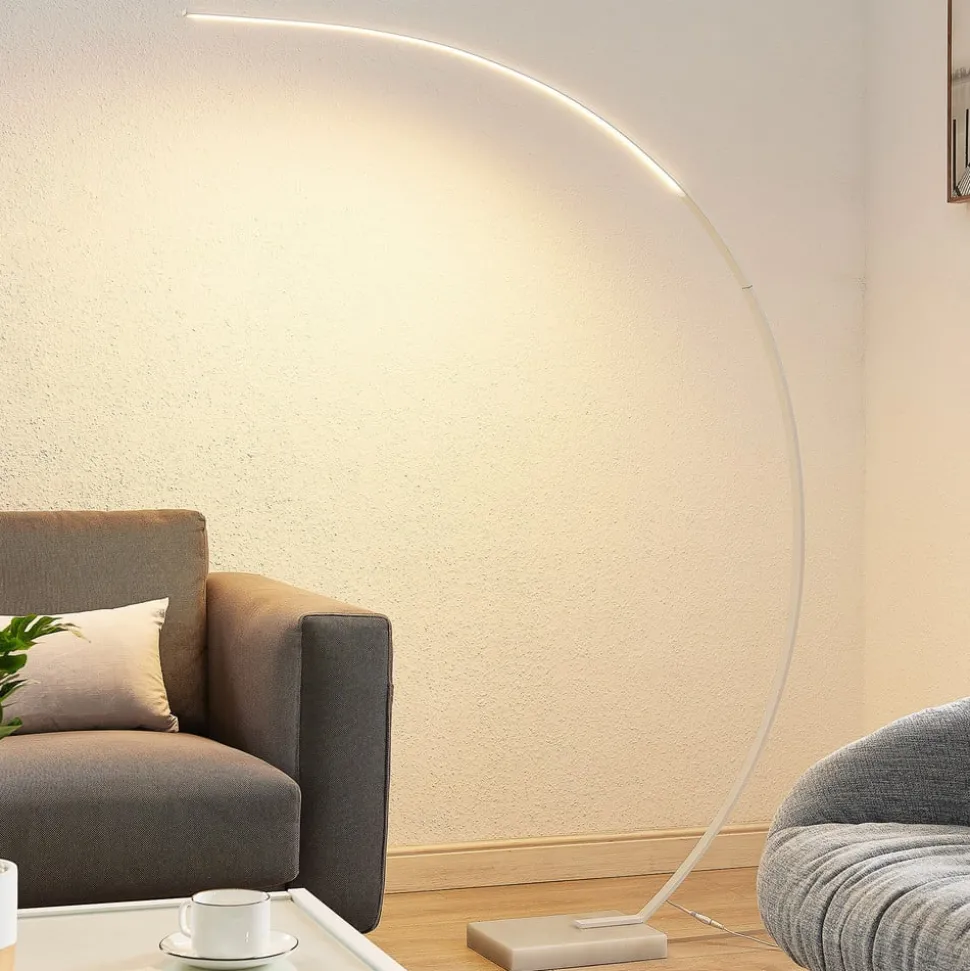 Lindby LED gebogen vloerlamp Kendra, wit, aluminium, hoogte 180cm