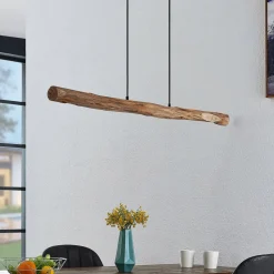 Lindby LED hanglamp Nekala, zwart, hout, lengte 120cm