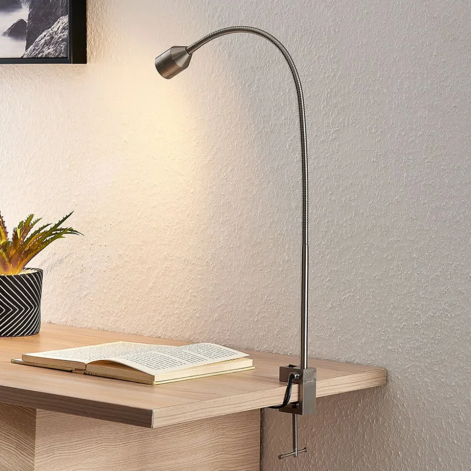 Lindby LED klemlamp Hanilo, hoogte 80 cm, nikkel, metaal