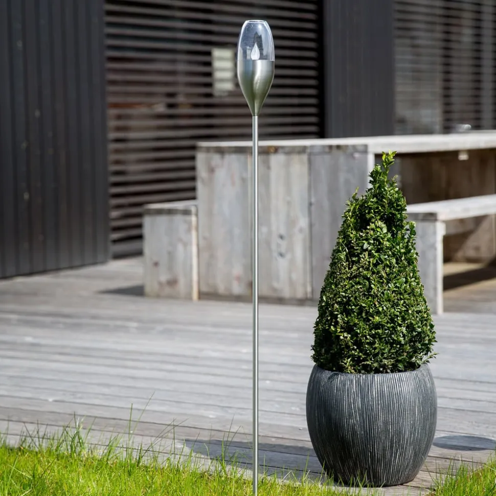 Lindby LED lamp op zonne-energie Jari, hoogte 122 cm, roestvrij staal, helder