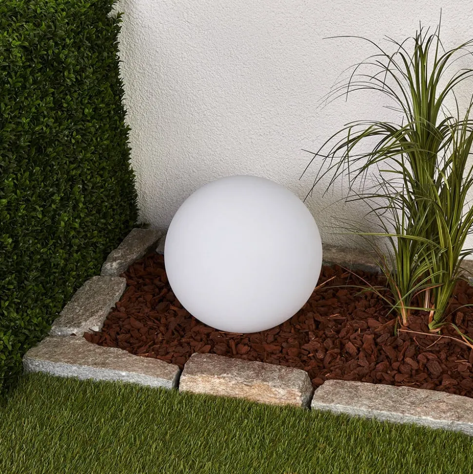 Lindby LED lamp op zonne-energie Lago, Ø 30 cm, bol, grondpin, wit