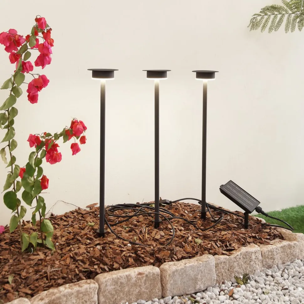 Lindby LED lamp op zonne-energie Lyris, set van 3, zwart, aluminium, 3.000K