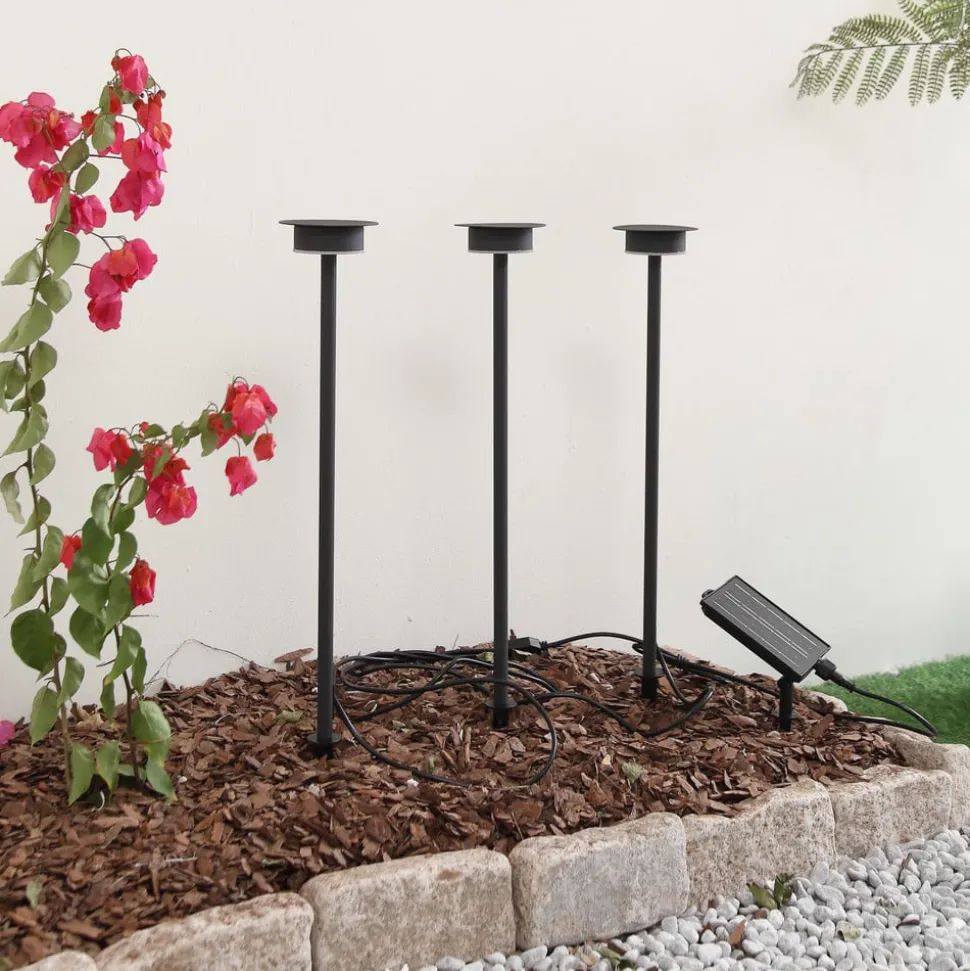 Lindby LED lamp op zonne-energie Lyris, set van 3, zwart, aluminium, 3.000K