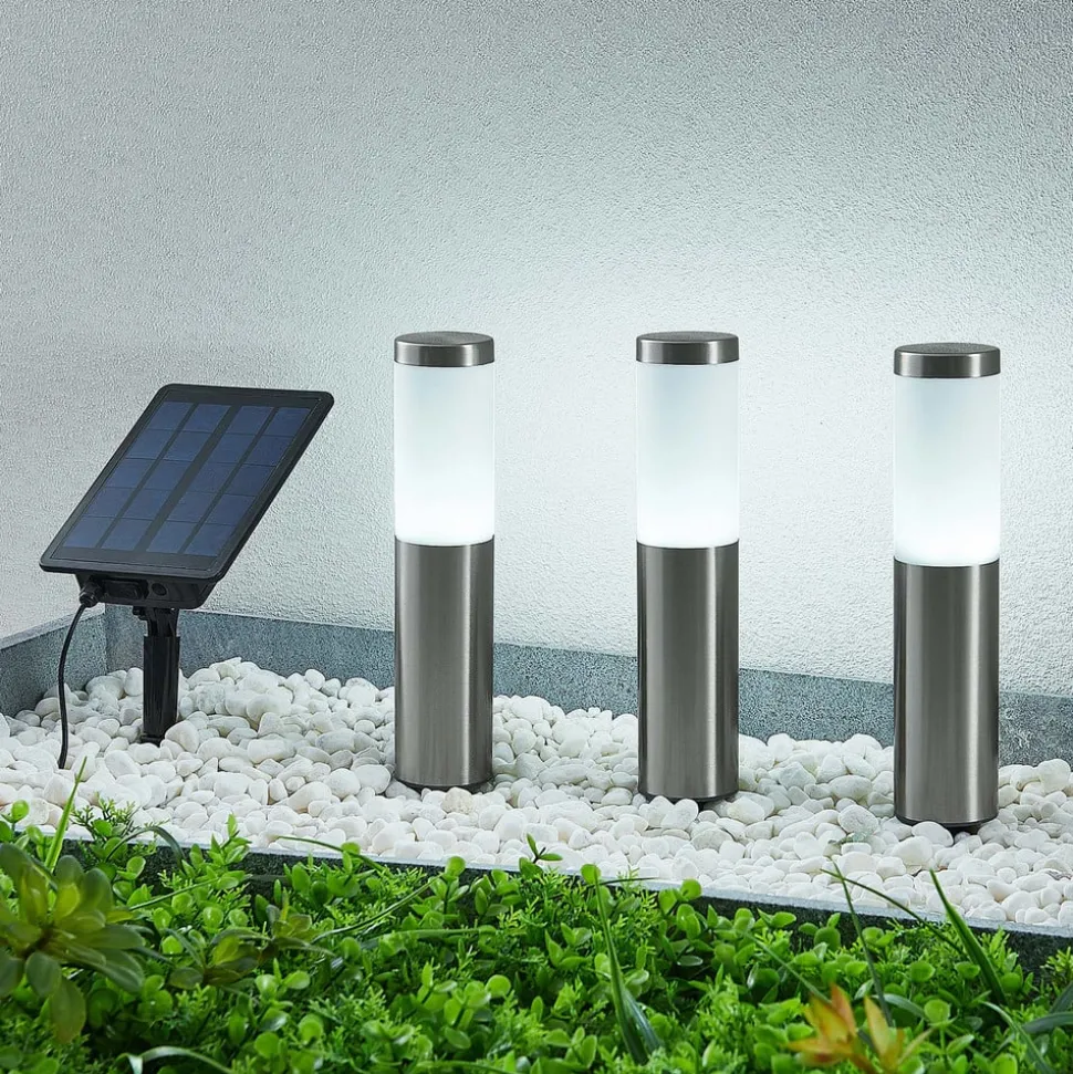 Lindby LED lampen op zonne-energie, set van 3, roestvrij staal
