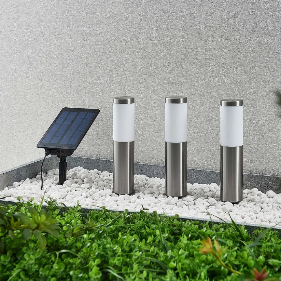 Lindby LED lampen op zonne-energie, set van 3, roestvrij staal