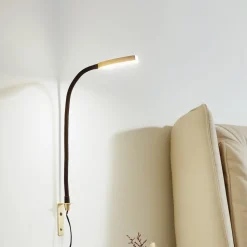 Lindby LED leeslamp Flexola, goud, rond, metaal, stekker