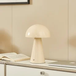 Lindby LED oplaadbare tafellamp Nevijo, beige, Ø20cm, USB, dimmer