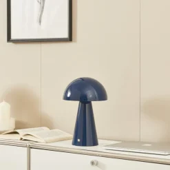 Lindby LED oplaadbare tafellamp Nevijo, blauw, Ø20cm, USB, dimmer