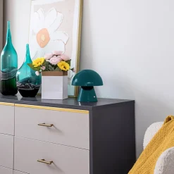 Lindby LED oplaadbare tafellamp Nevijo, petrol, Ø18cm, USB, dimmer