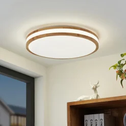 Lindby LED plafondlamp Emiva, 50cm, CCT, afstandsbediening, hout