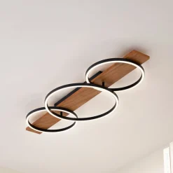 Lindby LED plafondlamp Galad, zwart, hout, 3-lamps, 98 cm