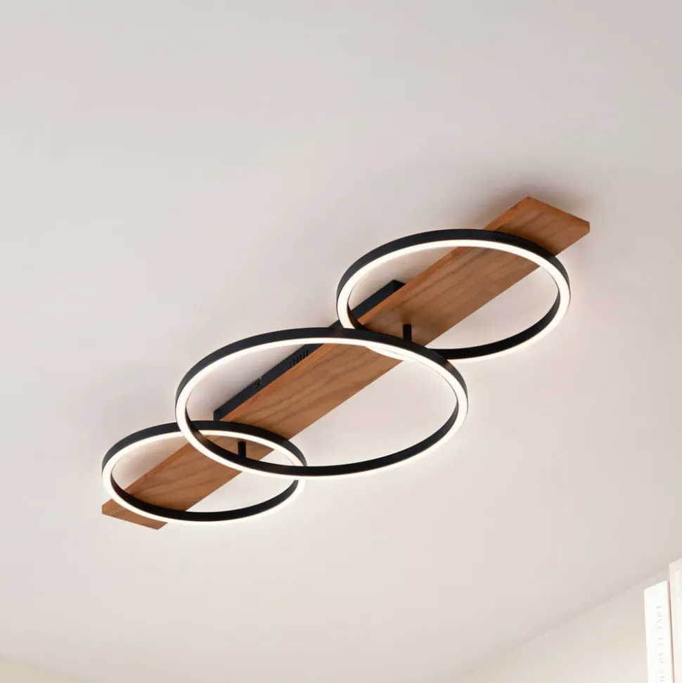 Lindby LED plafondlamp Galad, zwart, hout, 3-lamps, 98 cm