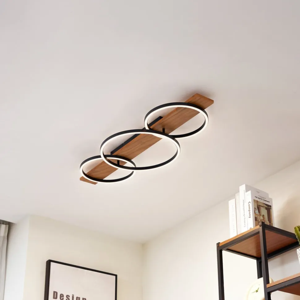 Lindby LED plafondlamp Galad, zwart, hout, 3-lamps, 98 cm