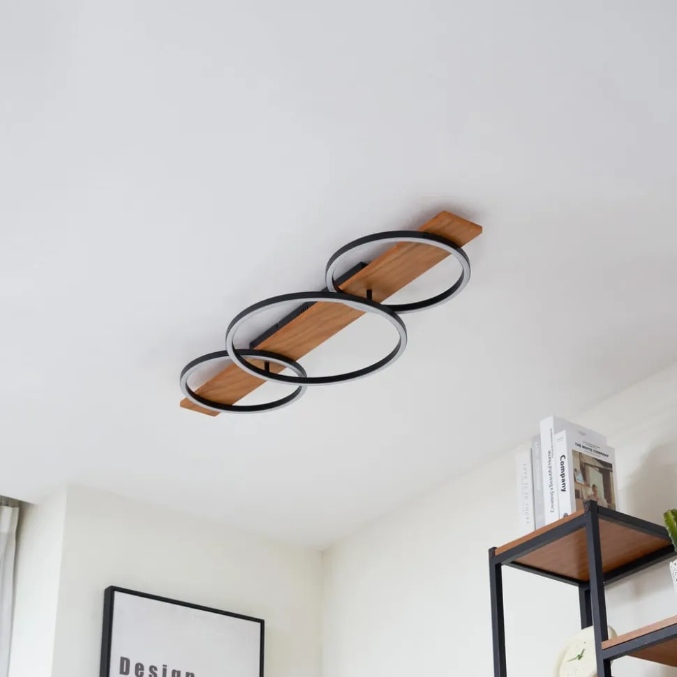 Lindby LED plafondlamp Galad, zwart, hout, 3-lamps, 98 cm