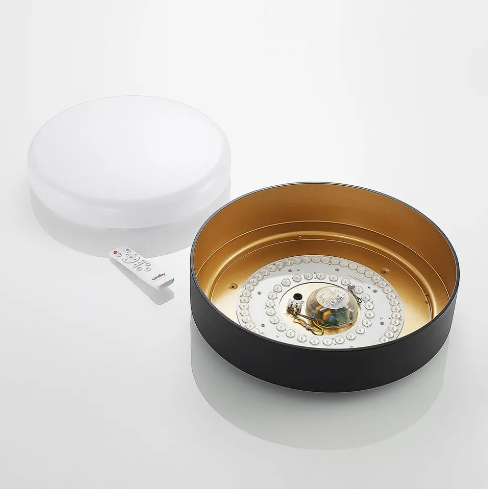 Lindby LED plafondlamp Gracjan, zwart, metaal, CCT, Ø45cm