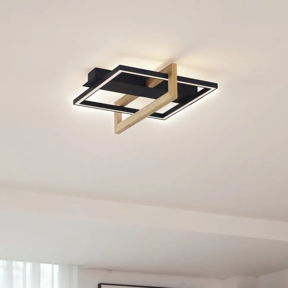 Lindby LED plafondlamp Holamu, 46cm, zwart, hout, metaal