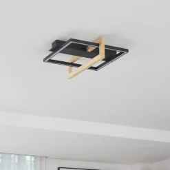 Lindby LED plafondlamp Holamu, 46cm, zwart, hout, metaal