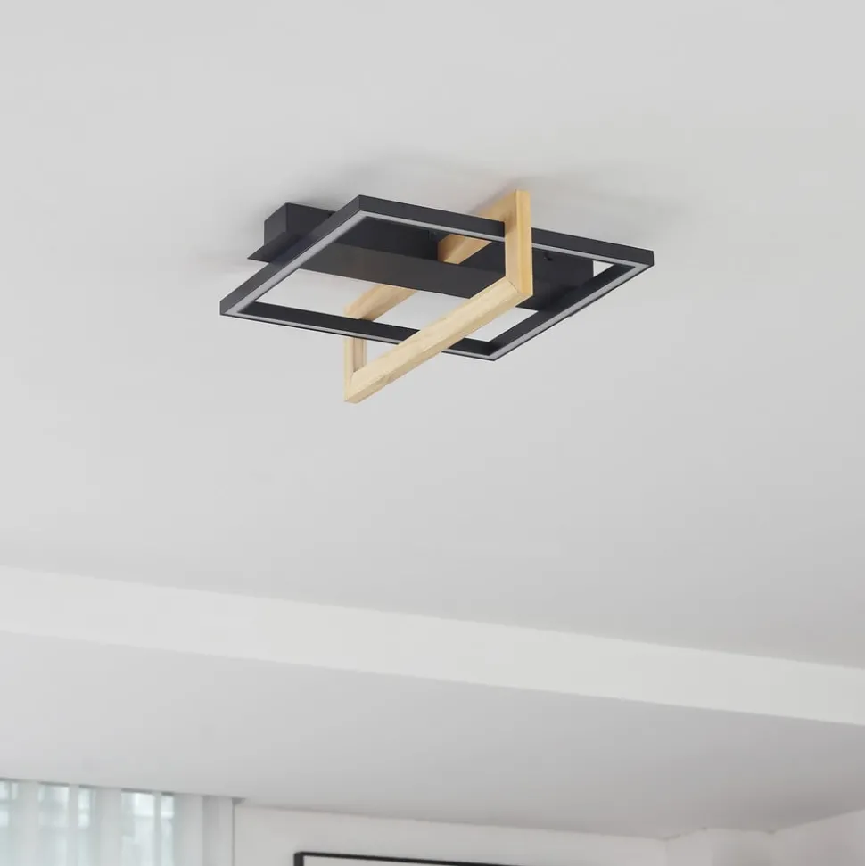 Lindby LED plafondlamp Holamu, 46cm, zwart, hout, metaal