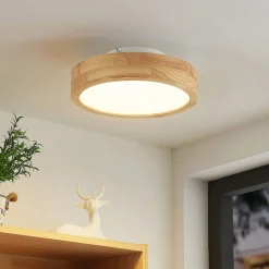 Lindby LED plafondlamp Lanira, Ø 30 cm, hout, afstandsbediening, CCT