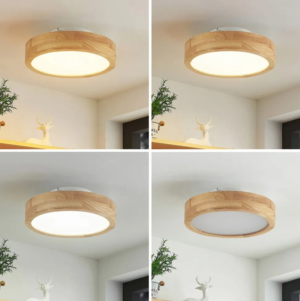 Lindby LED plafondlamp Lanira, Ø 30 cm, hout, afstandsbediening, CCT
