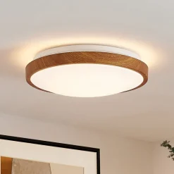 Lindby LED plafondlamp Mynte, Ø30cm, houtlook, kunststof