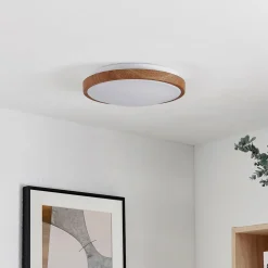 Lindby LED plafondlamp Mynte, Ø30cm, houtlook, kunststof