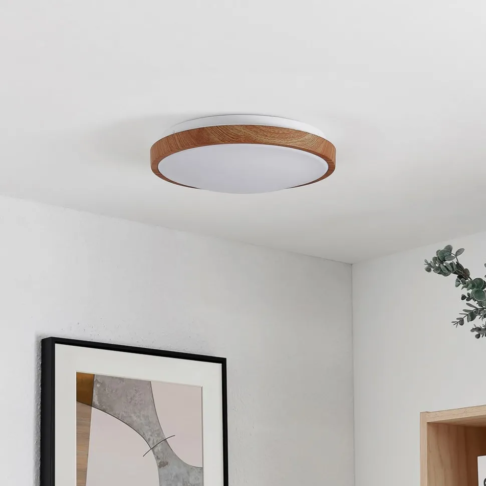 Lindby LED plafondlamp Mynte, Ø30cm, houtlook, kunststof