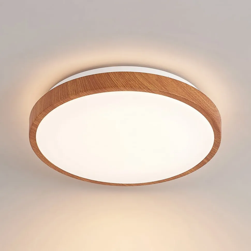Lindby LED plafondlamp Mynte, Ø30cm, houtlook, kunststof