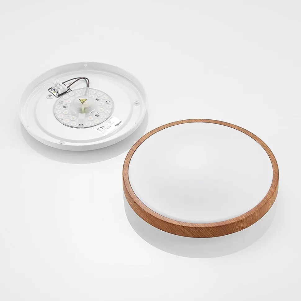 Lindby LED plafondlamp Mynte, Ø30cm, houtlook, kunststof