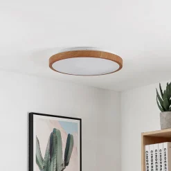 Lindby LED plafondlamp Mynte, Ø43cm, houtlook, kunststof