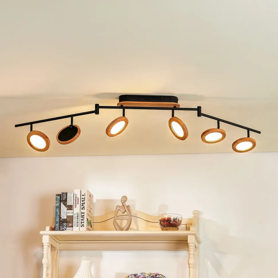 Lindby LED spot Manel, hout, 152 cm lang, 6-lamps