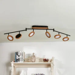 Lindby LED spot Manel, hout, 152 cm lang, 6-lamps