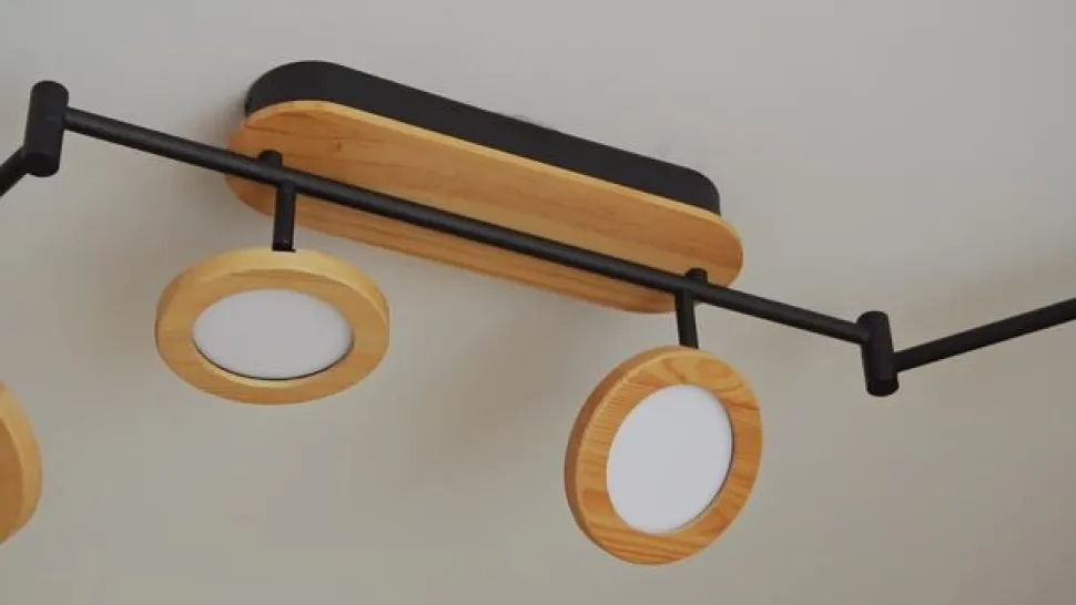 Lindby LED spot Manel, hout, 152 cm lang, 6-lamps