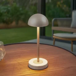 Lindby LED tafellamp op accu Pippin, goud/travertin, hoogte 27 cm