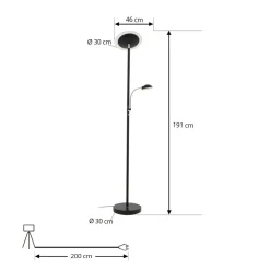 Lindby LED uplighter Malea, 180 cm, zwart, leesarm