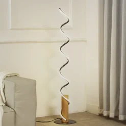 Lindby LED vloerlamp Spiraali, grijs, hout, hoogte 133 cm