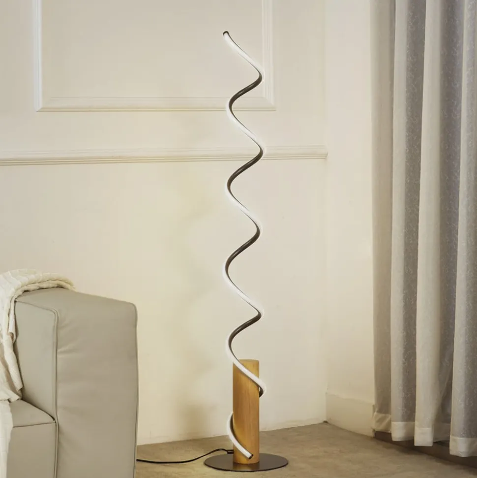 Lindby LED vloerlamp Spiraali, grijs, hout, hoogte 133 cm