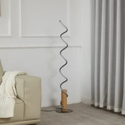 Lindby LED vloerlamp Spiraali, grijs, hout, hoogte 133 cm