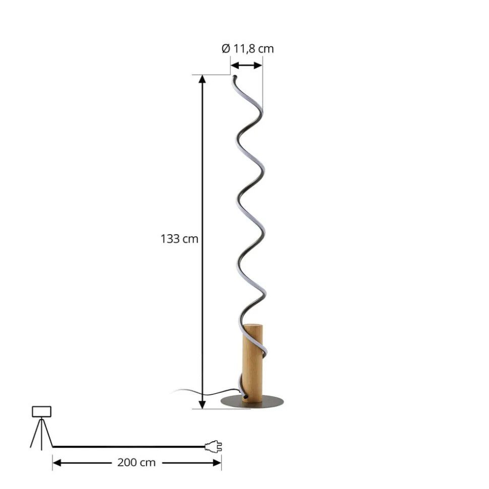 Lindby LED vloerlamp Spiraali, grijs, hout, hoogte 133 cm