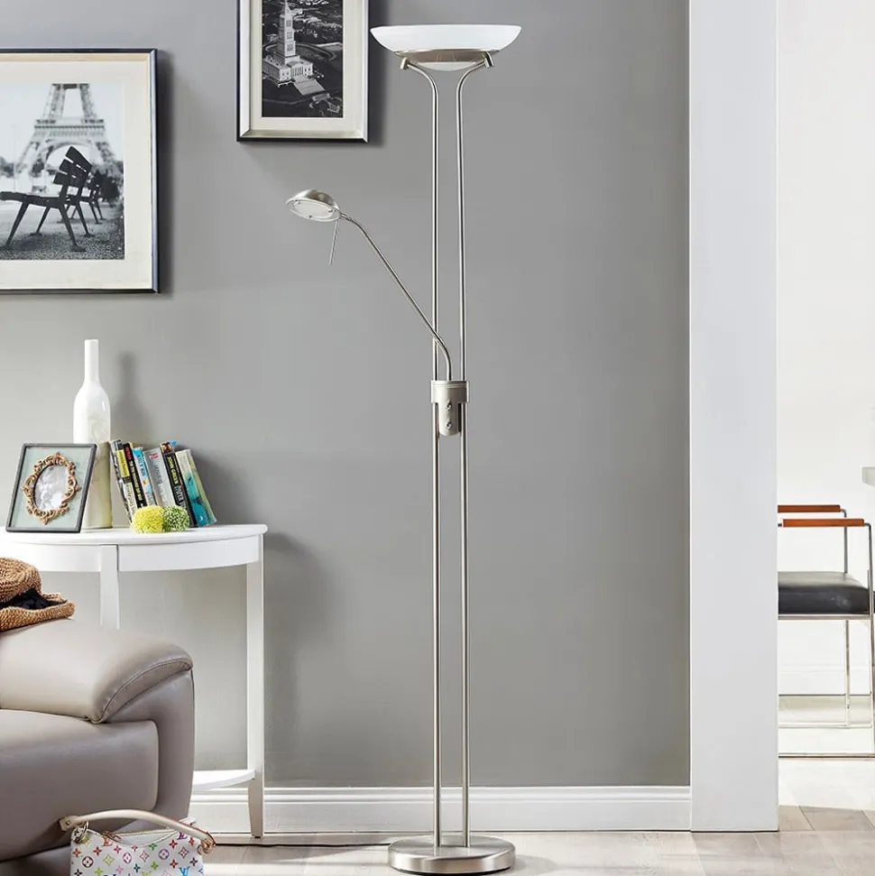 Lindby LED vloerlamp Yveta, nikkelkleurig, metaal, dimbaar