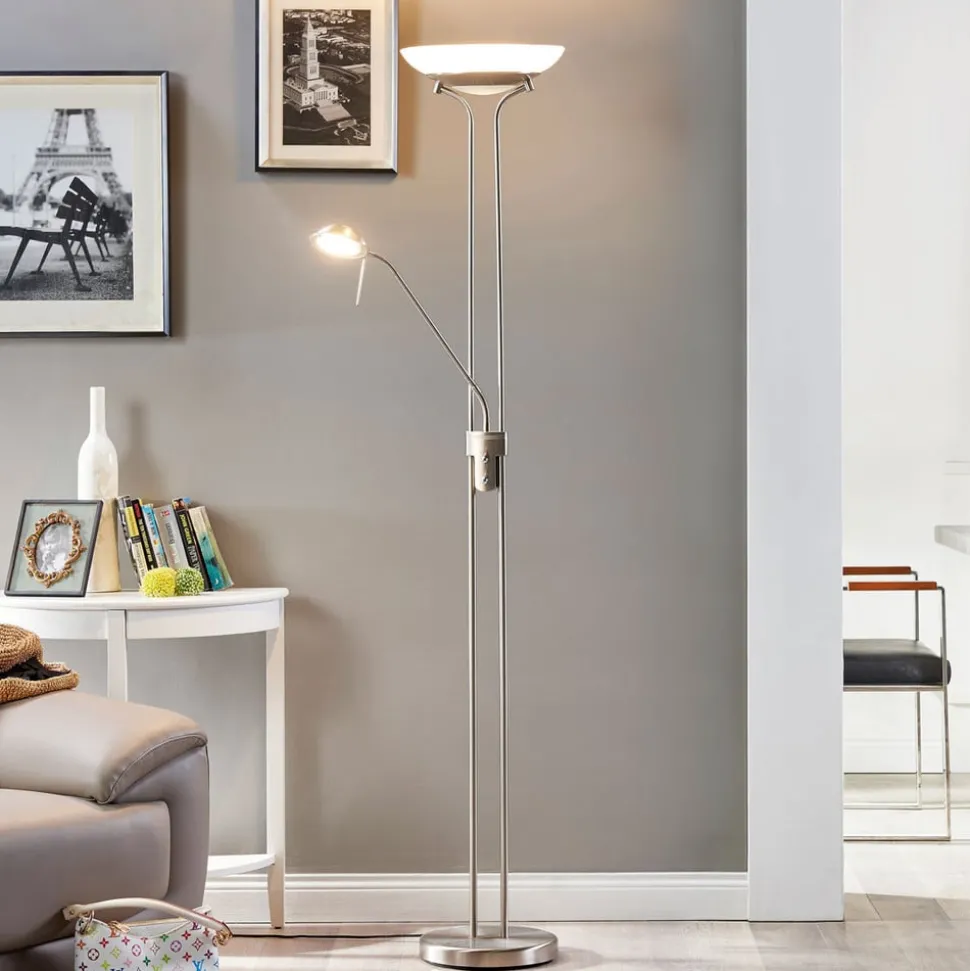 Lindby LED vloerlamp Yveta, nikkelkleurig, metaal, dimbaar