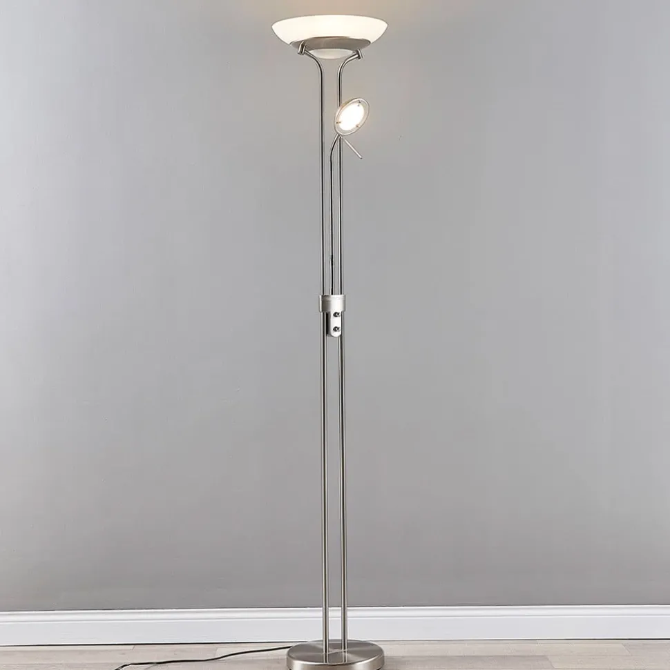 Lindby LED vloerlamp Yveta, nikkelkleurig, metaal, dimbaar