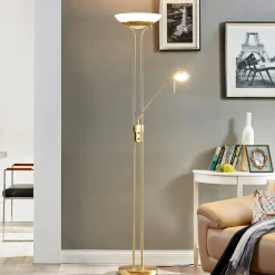 Lindby LED vloerlamp Yveta, messing, metaal, dimbaar, 183cm