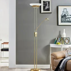 Lindby LED vloerlamp Yveta, messing, metaal, dimbaar, 183cm