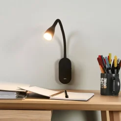 Lindby LED wandlamp Enna, 34 cm, zwart, schakelaar, USB
