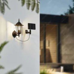 Lindby LED wandlamp op zonne-energie Sayata, zwart, aluminium, lantaarn