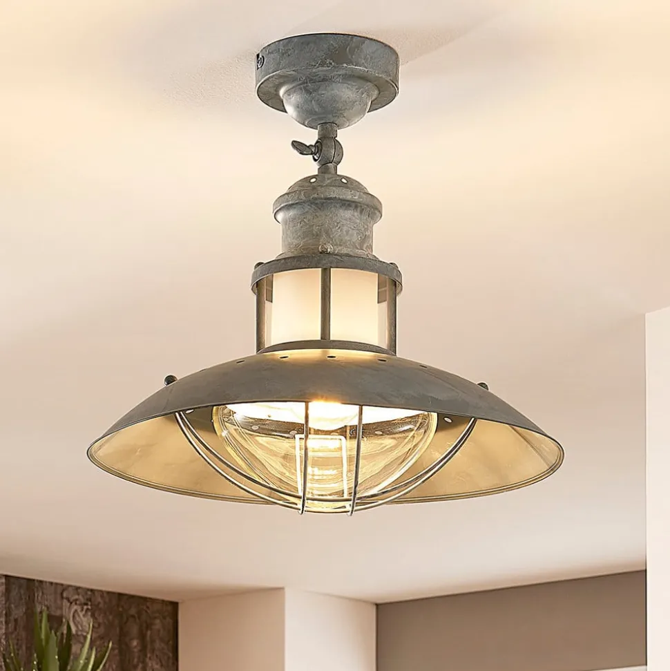 Lindby Louisanne plafondlamp, grijsgroen, metaal, Ø 35cm