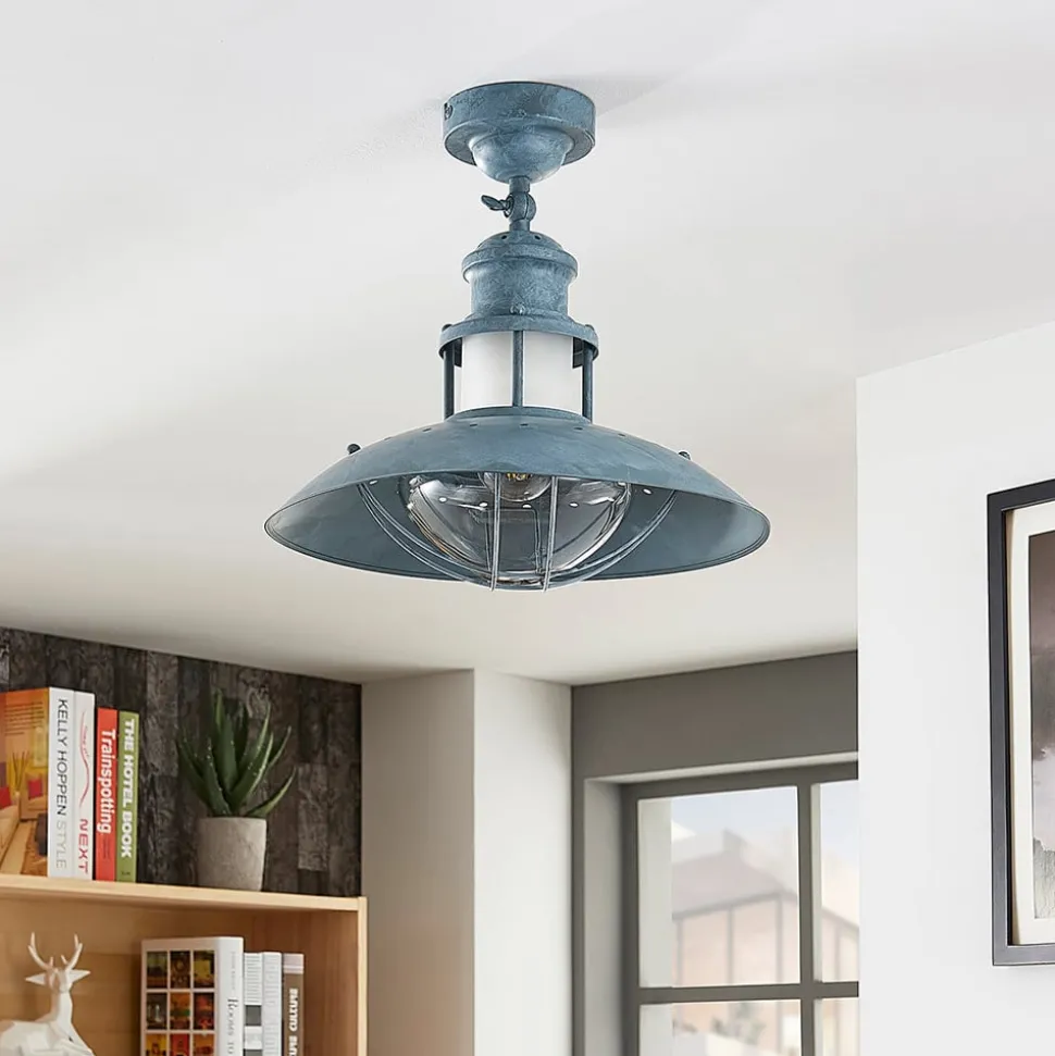 Lindby Louisanne plafondlamp, grijsgroen, metaal, Ø 35cm