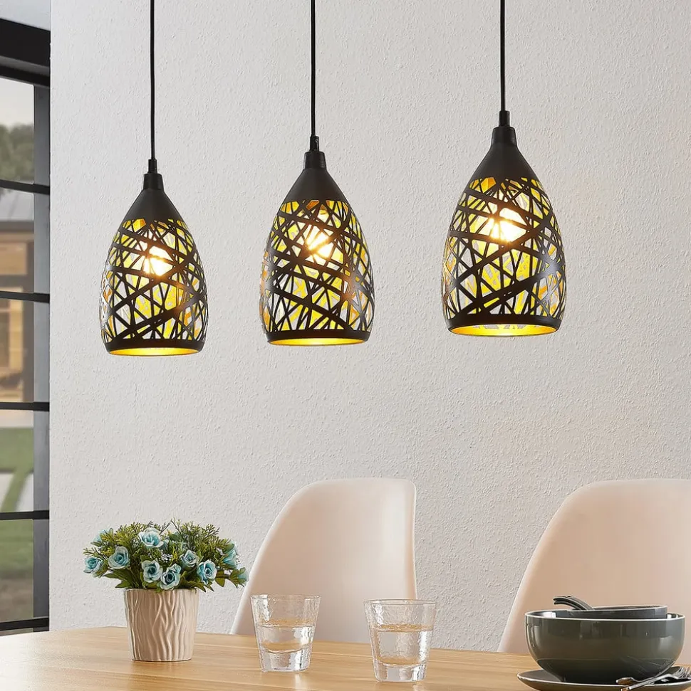 Lindby Marcello hanglamp, 75 cm, 3-lamps, zwart-goud